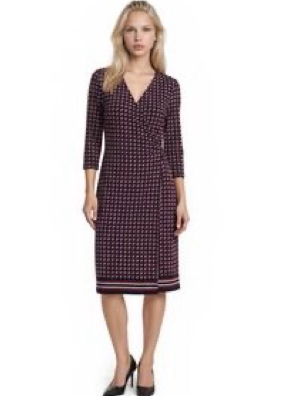 Talbots Faux Wrap Geometric Print Red Black White Jersey Knit Midi Dress Size XL